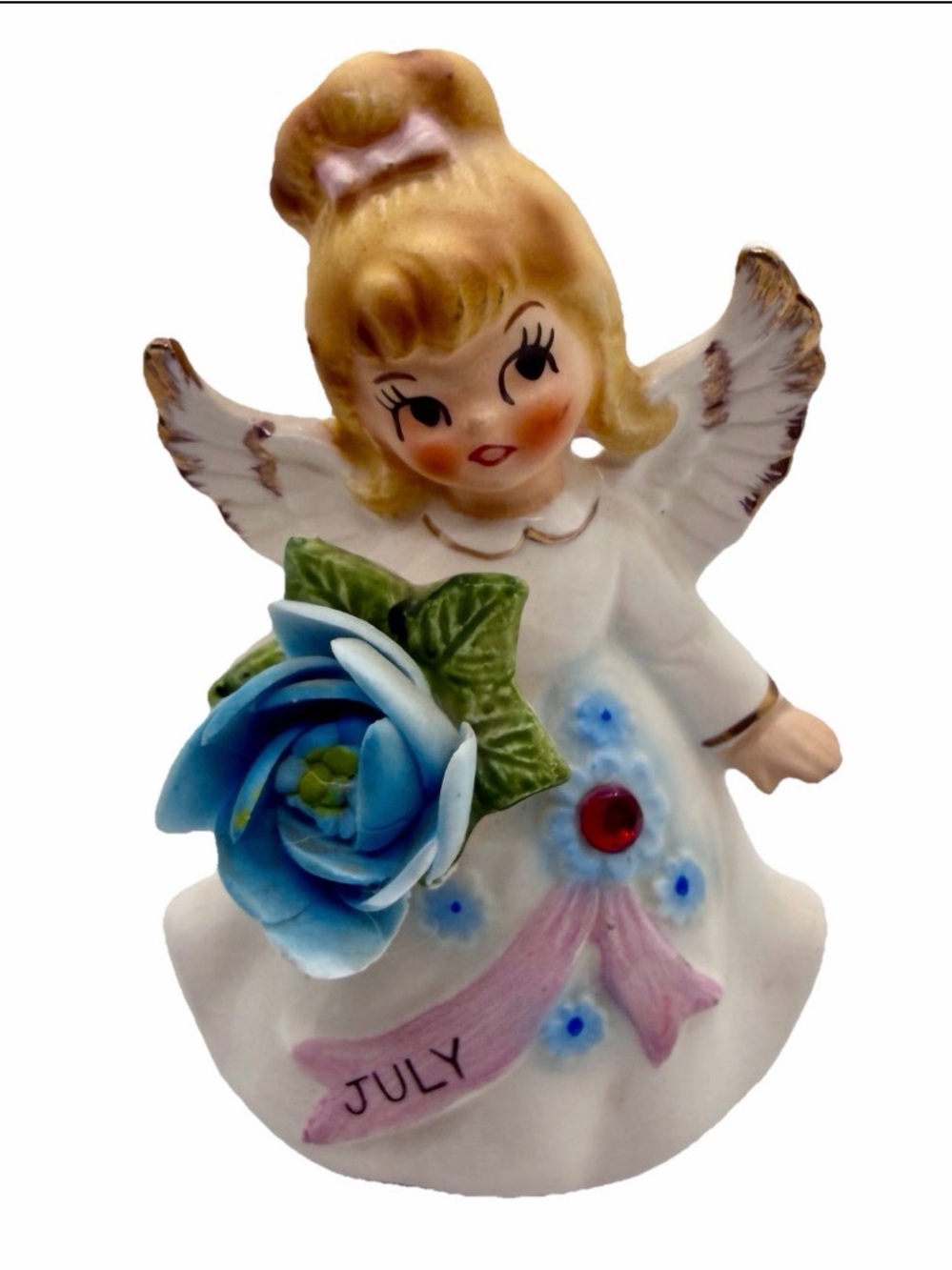 Vintage Lefton‎ July Angel Birthstone Red Jewel Japan #6224 Blue Flower Flaws